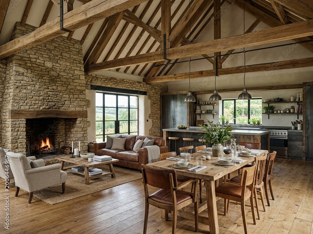Fototapeta premium Dramatic Barn Conversion with Open Plan Living and Original Timber Beams