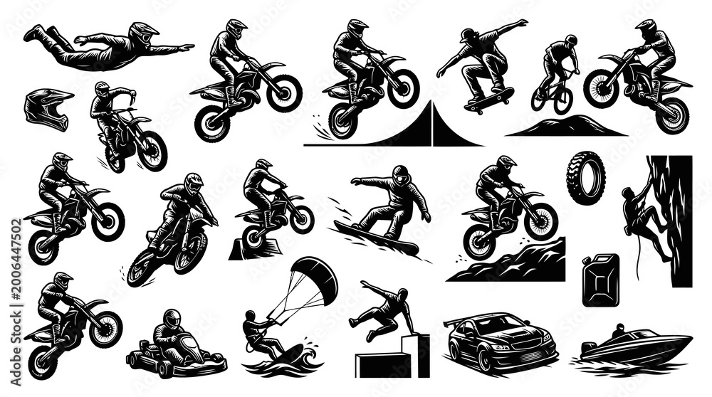 Fototapeta premium Action and Extreme Sports Activities Vector Illustration Set in Black White Line Art Style
