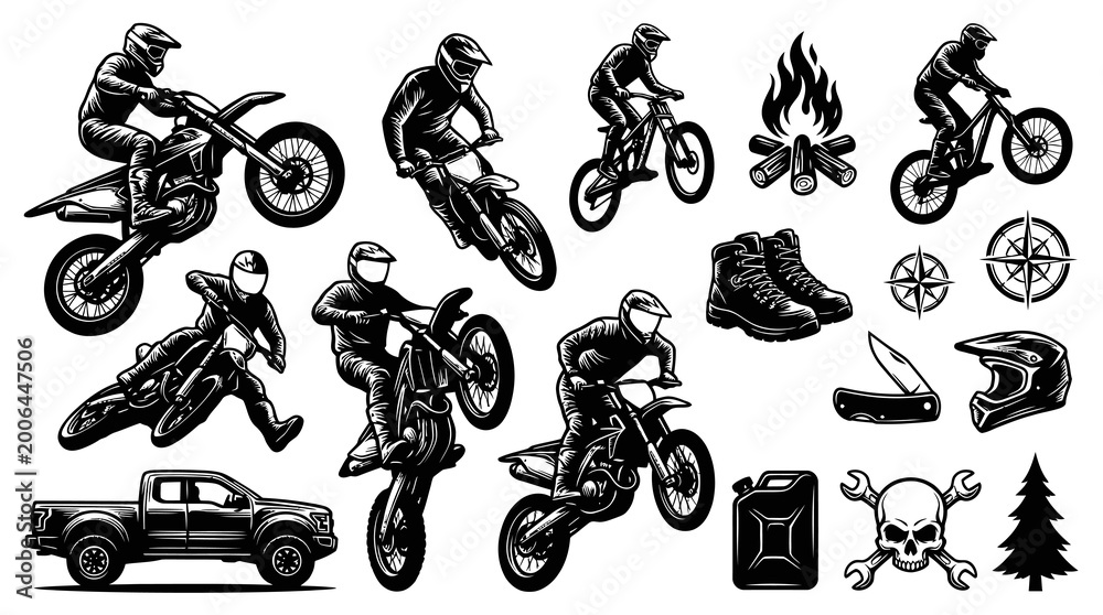 Obraz premium Off-Road Motorsports Outdoor Adventure Vector Set: Dirt Bikes, Mountain Bikes, Helmets, Boots, Gear - BW Line Art