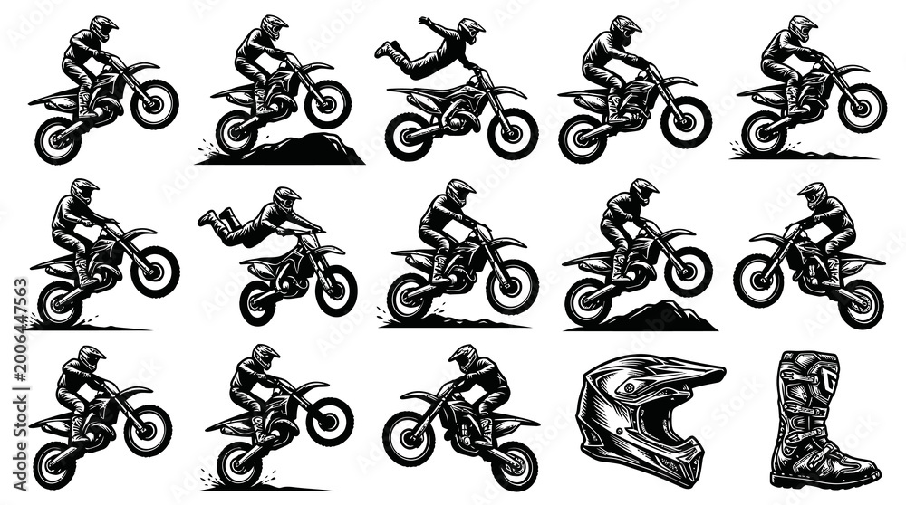 Naklejka premium Motocross Extreme Sport Riders on Dirt Bikes, Helmet Boot in Black and White Engraving Line Art