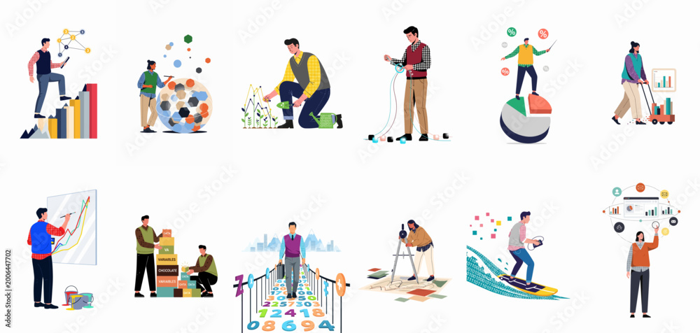 Fototapeta premium Collection of creative vector illustrations depicting people interacting with data, analytics, statistics, and business concepts in various metaphorical and conceptual scenarios.