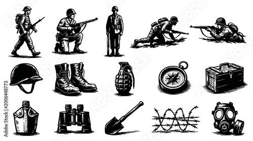 Vintage Military Icons: Soldiers, Gear, and Weapons in Black and White Line Art