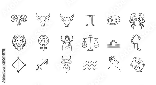 Foto Detailed outline vector icons showcasing all twelve astrological zodiac signs, a