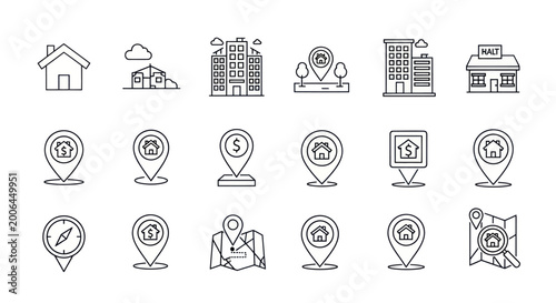 Foto Real Estate Icons: Houses, Buildings, Map Pins, Location Markers, Compass, Map