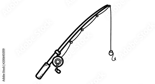 Canvas Print Fishing rod and reel icon, hand-drawn illustration representing the sport and le