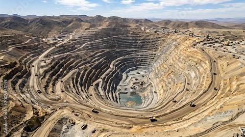 Stunning aerial shot of a sprawling open pit mine showcasing industrial excavation terraces and a central water reservoir, ideal for energy, business, and environmental documentation