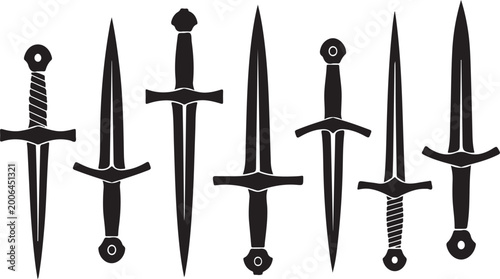 Принти на полотні Collection of medieval swords and daggers displayed in a stylized vector silhoue