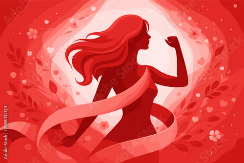 International Women's Day 2026 Vector Illustration Featuring Strong Female Silhouette with Flowing Hair Wrapped in a Pink Ribbon Surrounded by Floral Patterns and Hearts on Red Background