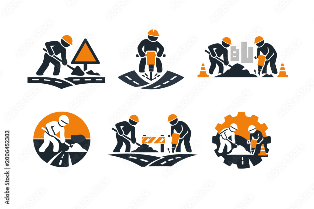 Fototapeta premium Flat icon suite of highway maintenance workers operating pneumatic drills and spades on asphalt, flanked by traffic cones and safety barriers — professional road crew emblems for civil engineering,