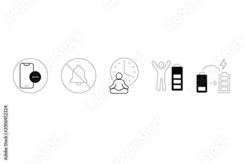 Foto Digital Detox and Focus Line Icon Set, Smartphone Block, Notification Off, Medit