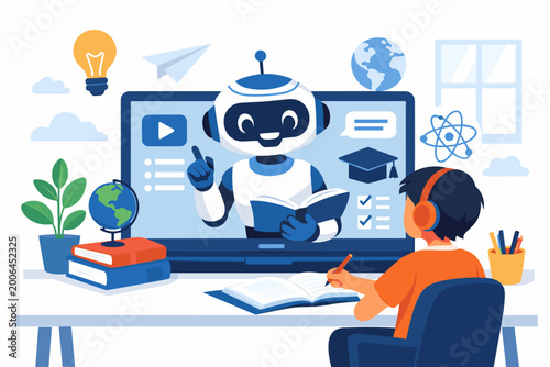 Online Education Concept with AI Robot Tutor Teaching a Young Boy at Home via Laptop, Future of E-Learning and Digital Classroom Illustration for Kids, Artificial Intelligence in Education