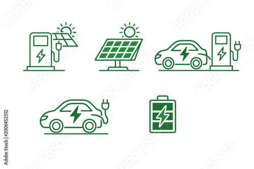 Green Line Art Icons Set for Solar Powered Electric Vehicle Charging Stations, Renewable Energy Solutions, Sustainable Transportation, EV Car Battery, and Solar Panel Technology Illustration