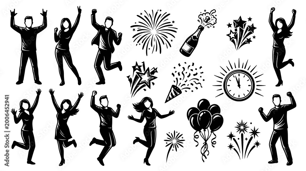 Fototapeta premium Celebration Party Success Vector Glyph Icons Set - Happy People, Fireworks, New Year Silhouettes