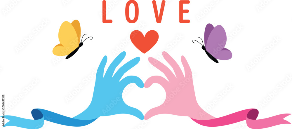 Obraz premium A heartfelt connection two hands forming a heart shape with butterflies and the word 'love'