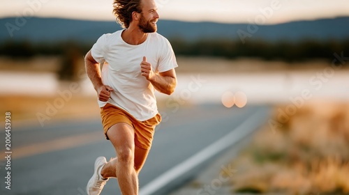A fit man runs joyfully along a scenic country road, highlighting fitness and freedom against a backdrop of warm sunlit fields, capturing the essence of vitality and healthy living.