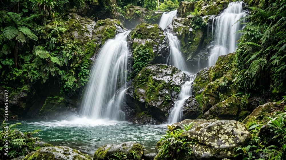 Fototapeta premium Beautiful Cascading Waterfall Over Mossy Rocks in a Lush Green Forest