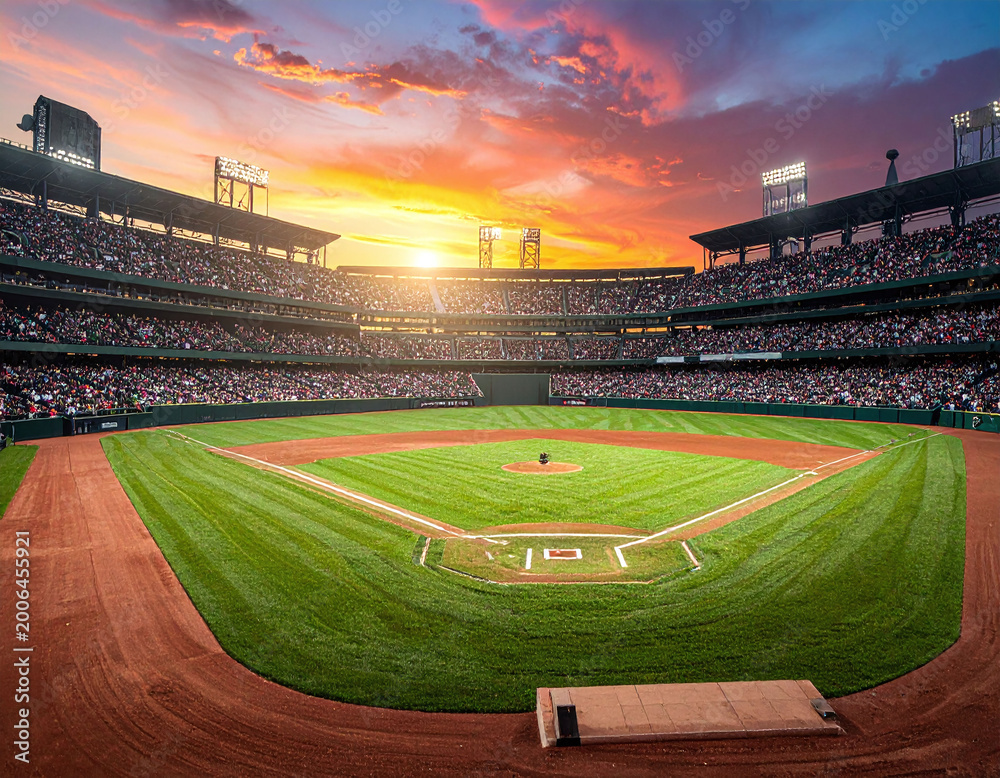 Fototapeta premium Vibrant sunset colors fill the sky over a crowded baseball stadium, evoking excitement and community spirit. Ideal for sports media, travel ads, and editorial summer lifestyle branding.