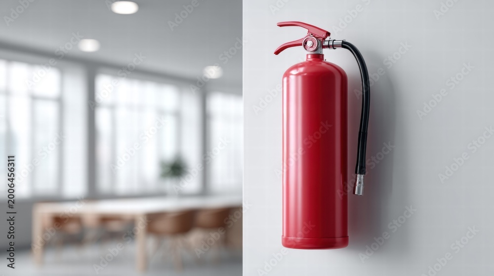 Obraz premium Fire extinguisher mounted on a white wall in a modern office setting.