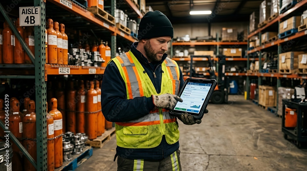 Fototapeta premium A focused warehouse professional in high visibility vest and hard hat checks inventory on a tablet amidst neatly arranged industrial storage shelves. Ideal for logistics, business, and safety training