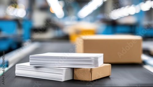 Stacks of envelopes and a cardboard box on a conveyor belt in a modern mail sorting or packaging facility.