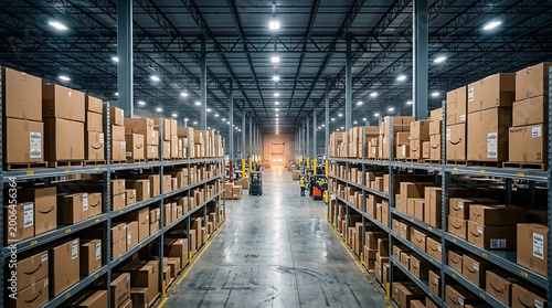 Brightly lit industrial warehouse showcasing neatly arranged shelves filled with cardboard boxes, ideal for e commerce, logistics, and business marketing materials.