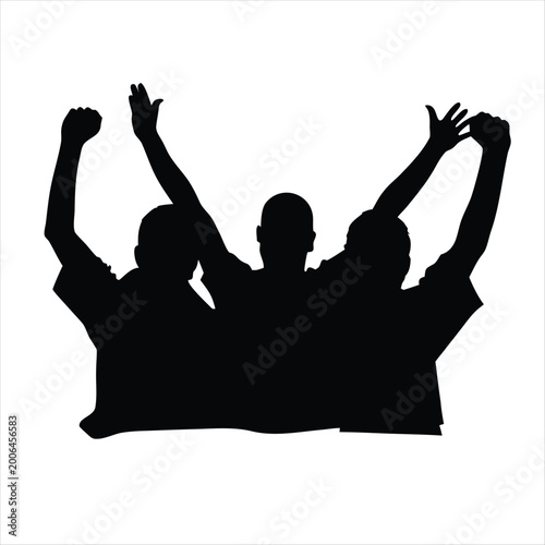 Soccer Fans Silhouette Group, Football Supporters Cheering and Celebrating Victory Vector Isolated on White Background