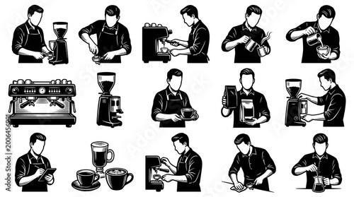 Black and White Line Art Barista Icons: Coffee Making and Serving