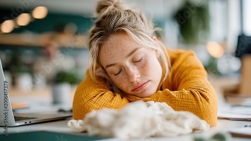 A tired woman in an orange sweater is seen resting her head on her arms at a cluttered work desk, reflecting exhaustion amidst a bustling work environment.