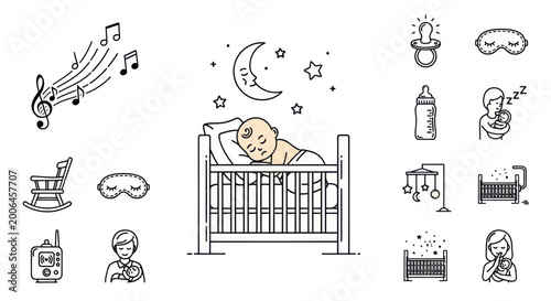 Fotografía Baby Sleeping in Crib with Lullaby Music, Moon, Stars and Nursery Icons
