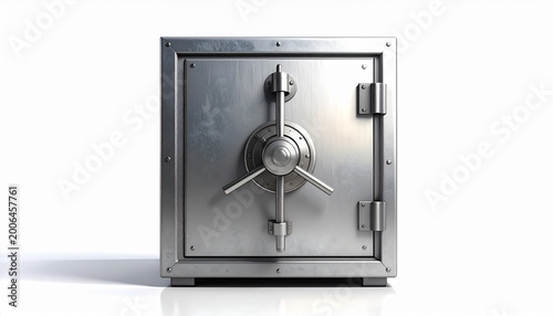 A shiny metal safe with a combination lock on the front door is standing alone in a plain white room.