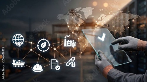 Worker hand holding glass tablet with global safety network and supply chain icons, ESG compliance concept, workplace protection, work safety