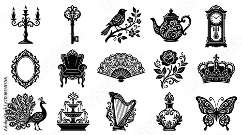 Elegant Vintage Ornate Black Silhouette Vector Icons Collection: Decorative Classic Elements