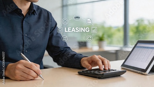 Businessman calculating financial lease costs with calculator in office analyzing leasing contract options digital hologram graphic showing renting assets like cars and homes