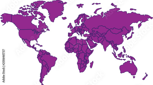 Purple world map with dark country borders flat design