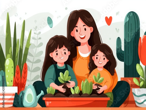 Mother and two children planting succulents in home garden  