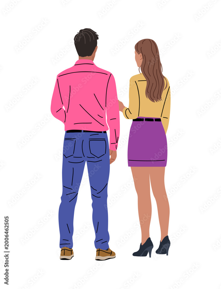 Obraz premium Back view of a man and woman standing together. They appear calm and connected, facing forward. Their clothing suggests a casual or semi-formal outing. Perfect for illustrating teamwork, partnership