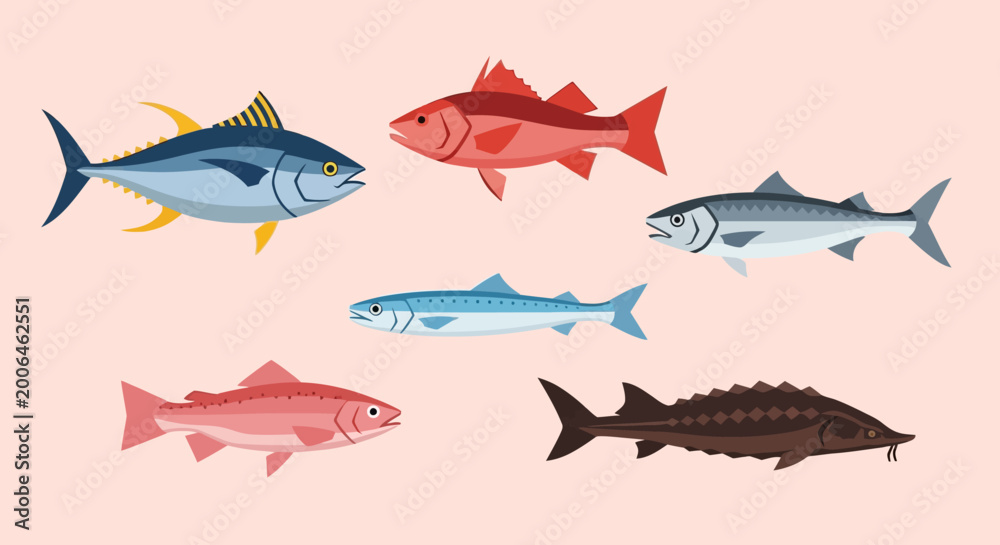 Obraz premium Collection of colorful tropical fish silhouettes swimming on a pink background, showcasing varied shapes and hues.