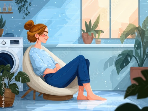 Woman relaxing in modern armchair with plants by washing machine  