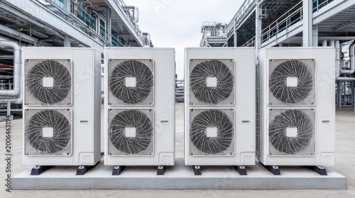 Industrial air conditioning units lined up on a rooftop with pipes and structures in the background