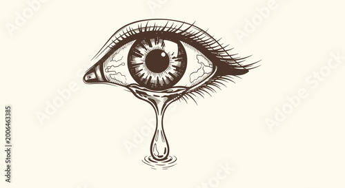 Foto Vintage Engraving Illustration of a Crying Eye with a World Map Texture and Large Falling Teardrop