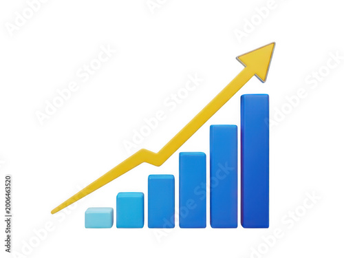 Free Download Blue bar chart showing growth with a rising yellow arrow icon Isolated Png - GFXLoad