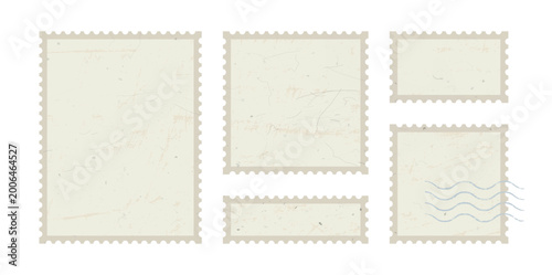 Bild auf Leinwand A set of five blank vintage postage stamps with perforated edges and aged paper texture, including one with a wavy postmark, presented as a vector illustration