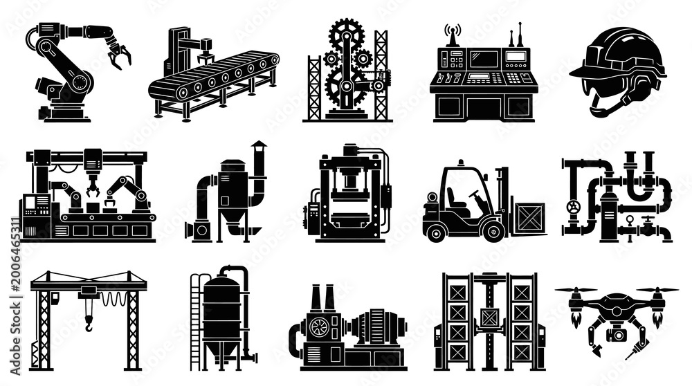 Obraz premium Industrial Automation Icons Set - Black and White Vector Graphics