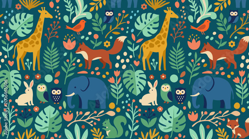 Canvas Print Vibrant jungle animals and plants pattern.