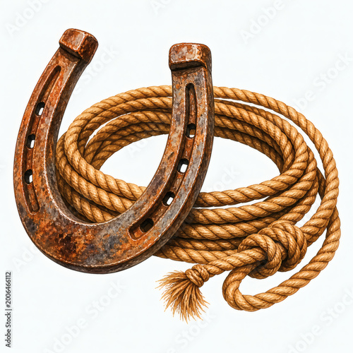 Rusty horseshoe with coiled lasso rope watercolor illustration isolated