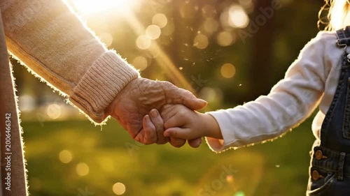 A tender moment of an elderly person's hand holding a child's hand in warm, soft sunlight, symbolizing family, love, and generations connecting
