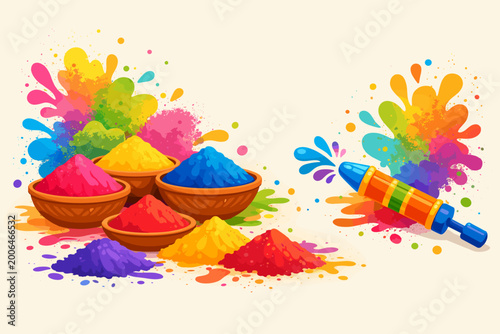 Vivid springtime Hindu colour celebration poster with illustrated water squirters, pigment-filled bowls, and bursting rainbow gulal dust, capturing the joyful communal festivity of Holi across India.