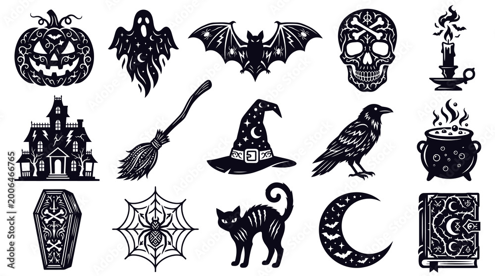 Fototapeta premium Halloween Vector Icons: Pumpkin, Skull, Bat, Witch Hat, Cat, Moon, Book, Spooky