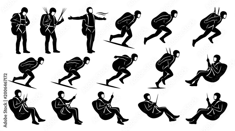 Obraz premium Black and White Silhouette Icons: Skydivers, Parachutists, and Paragliders in Various Air Sports Poses.