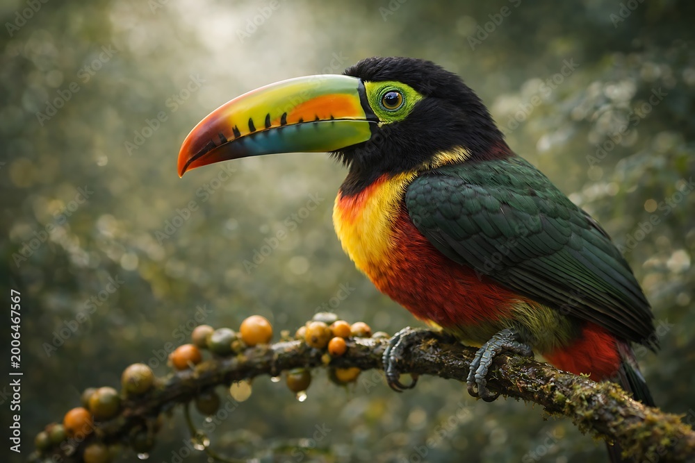 Fototapeta premium Keel-billed toucan vibrant colors against lush green rainforest background